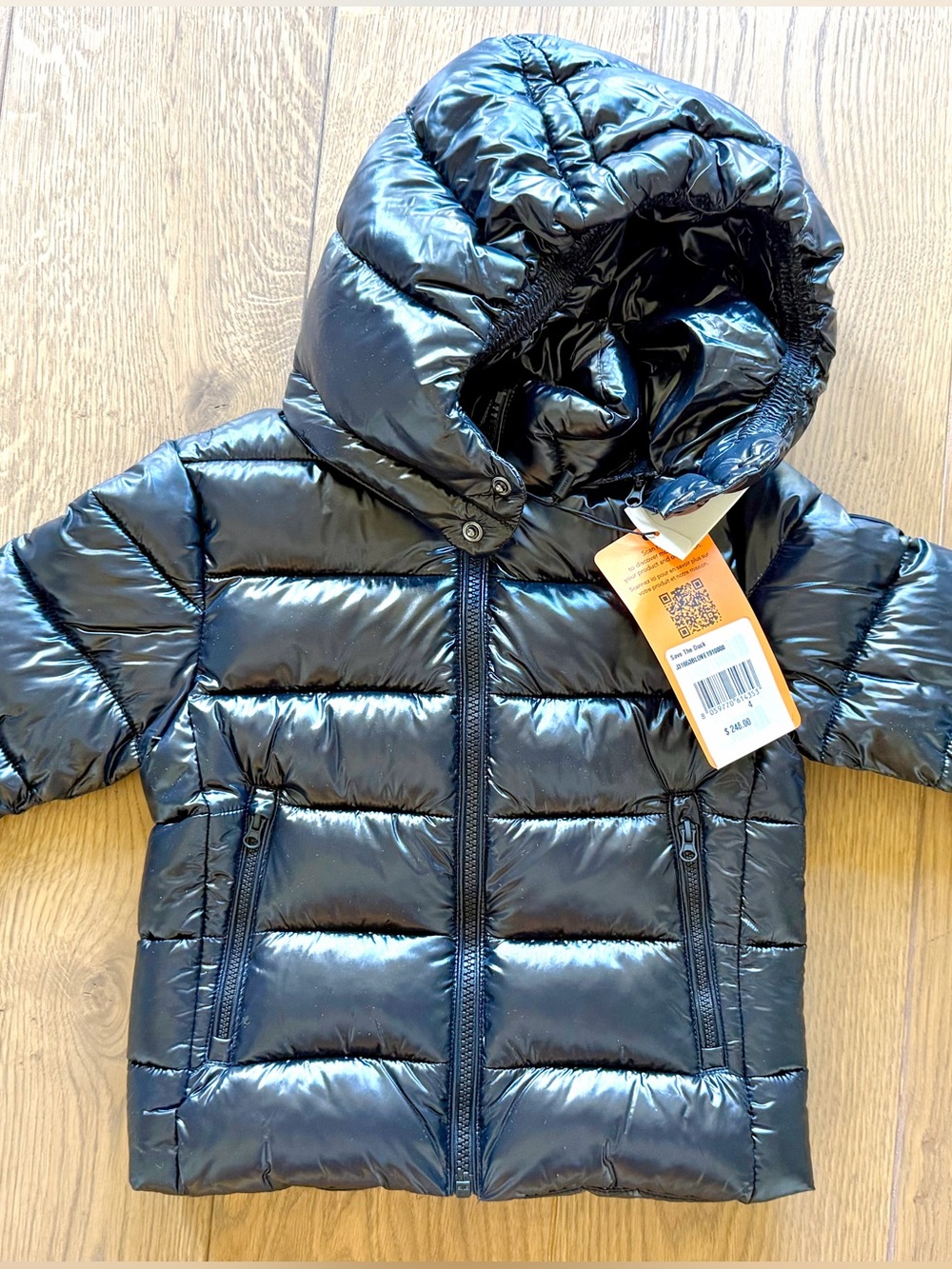 NWT Save The Duck Kids Glossy Puffer Jacket Hooded Black Size 4Y